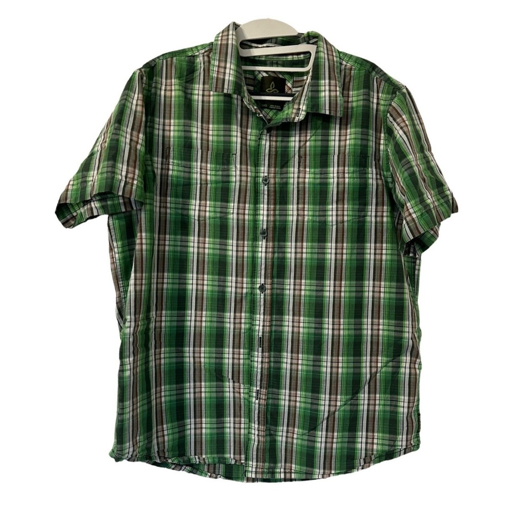Prana Shirt Mens L Green Plaid Short Sleeve Button‎ Up Gorpcore Nature Casual